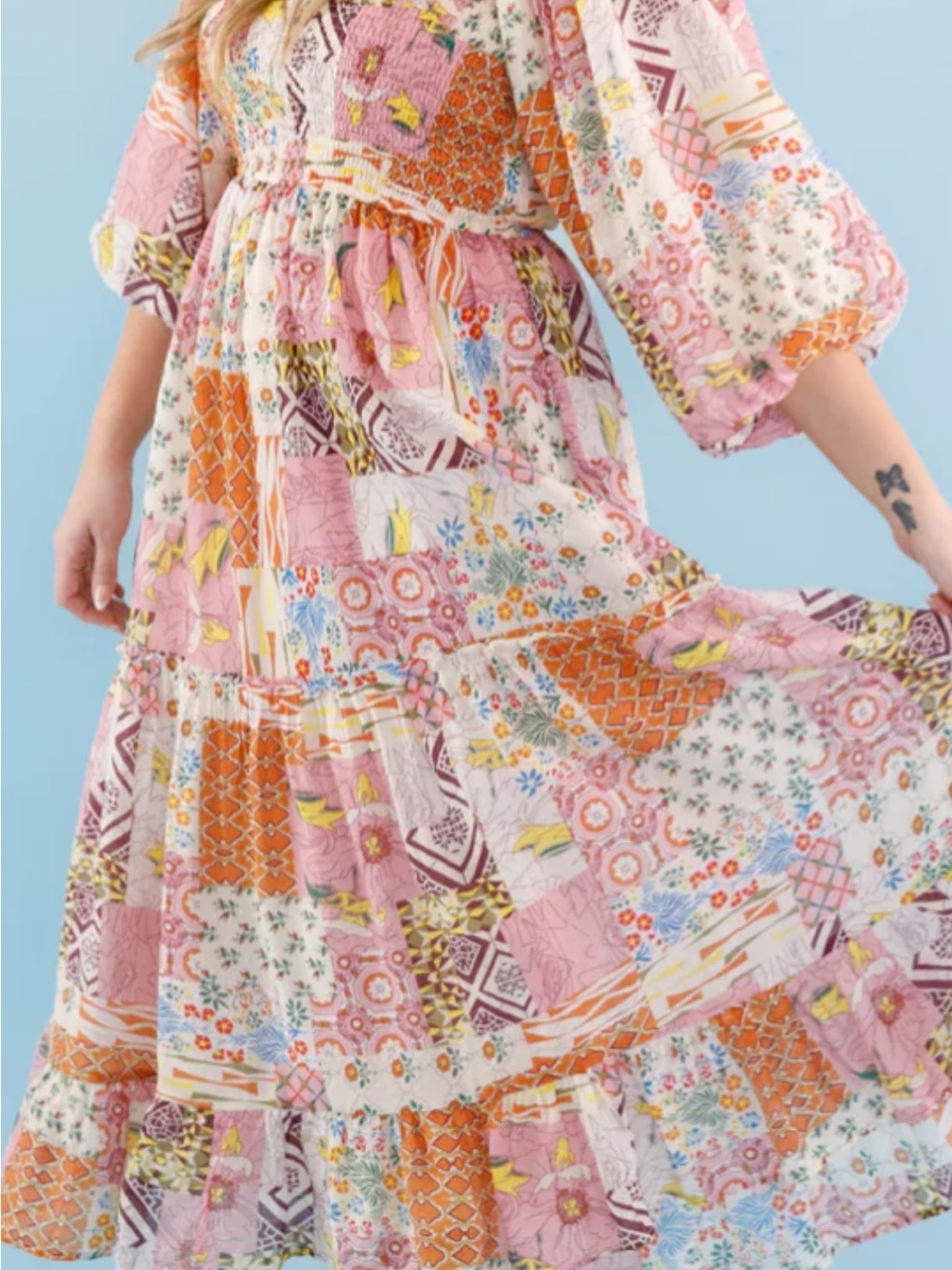 Fate Patchwork Maxi Dress in Pink, Orange, Yellow